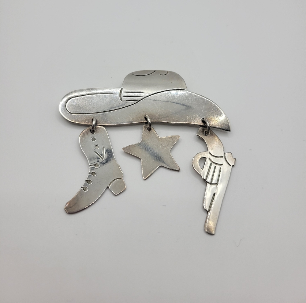 Vintage 925 Sterling Silver Taxco Mexico Large Western Cowboy Hat Pin Brooch - Picture 4 of 12